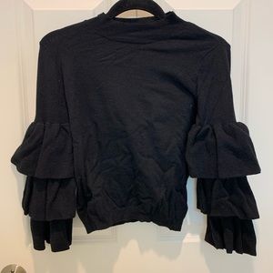 Black Ruffled-Sleeve Mock Neck Sweater